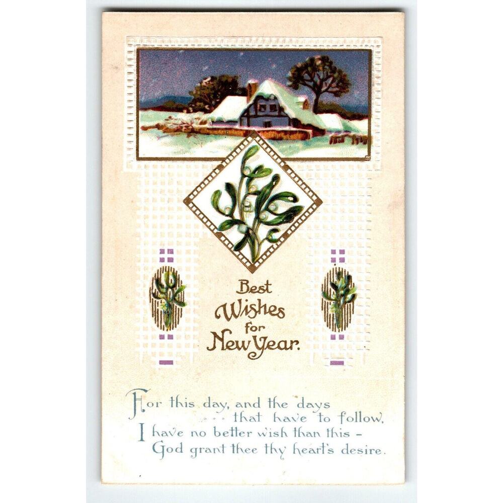 Best Wishes New Year Greetings Postcard International Arts Rustic Cottage Snow